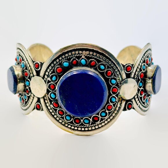 Vintage Middle Eastern Cuff Lapis Afghan Bracelet Silver Turquoise Red Wide Cuff - Picture 2 of 5